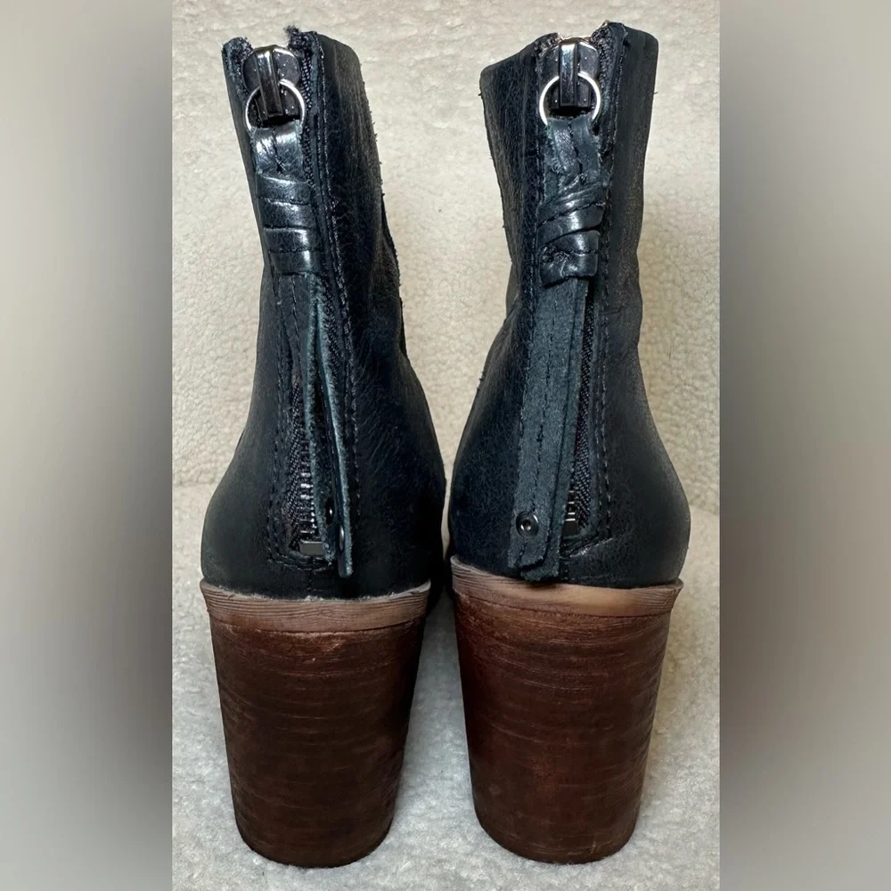 Franco Sarto Marmalade Black leather bootie back zipper pointed toe stacked heel